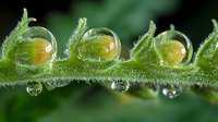 Macro photography of morning dew drops on green plant stem with tiny water spheres creating natural magnification effect, showing delicate nature details in crystal clarity.