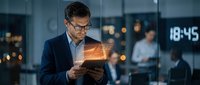Professional businessman in glasses using glowing digital tablet in modern office environment during evening hours for corporate technology presentations.