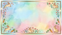Watercolor Easter background with jumping rabbits, carrots, and spring flowers in pastel colors, ideal for greeting cards and seasonal designs.