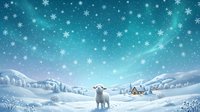 Young polar bear standing in snowy landscape with falling snowflakes, winter village and mountains in background. Suitable for holiday cards, children's books, seasonal marketing.