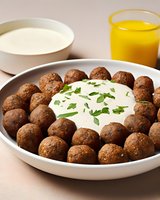 Falafel balls arranged around creamy yogurt dip garnished with fresh herbs, served with orange juice for Middle Eastern cuisine presentation.