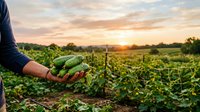 Farmer holding freshly harvested cucumbers in a lush garden field at golden sunset, showcasing organic farming and fresh produce.