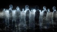 Glowing digital human figures made of particles and light stand together against dark background, representing connection, data, network, community, teamwork, technology, artificial intelligence, virtual reality, metaverse.