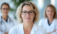 Confident female medical professional with blonde wavy hair and glasses smiling at camera, with healthcare team members in background wearing white coats and stethoscopes.