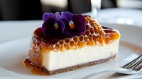 Creamy cheesecake slice topped with golden caramel sauce and purple pansy flowers on white plate, garnished with salted caramel pearls for elegant dessert presentation.