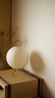 Spherical paper lantern with metal tripod legs on wooden table beside dried grasses, casting soft shadow on neutral wall for home decor and interior design.