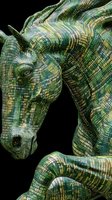 Digital horse sculpture with green circuit board pattern and golden electronic components on black background for technology and innovation concepts.