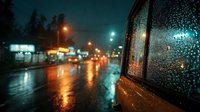 Rainy night city street view from car window with water droplets, blurred lights and wet asphalt creating atmospheric urban scene for transportation concepts.