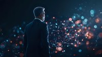 Businessman in suit looking at glowing network connections and bokeh lights against dark background, symbolizing digital transformation and future technology.