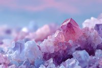 Pink and purple crystal formations with dreamy pastel sky background creating magical mineral display for wellness and spiritual content.