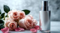 Elegant perfume bottle with pink roses and scattered petals on marble surface for luxury beauty and fragrance advertising campaigns.