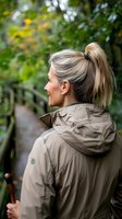 Mature blonde woman in beige jacket walking outdoors on forest path, rear view profile shot showing active lifestyle and nature connection.