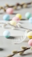Colorful pastel Easter eggs in glass bowl with pussy willow branches on white wooden background for spring holiday celebration and seasonal decoration.