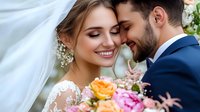 Romantic close-up of newlyweds sharing intimate moment with bride in lace dress and groom in navy suit, surrounded by roses and baby's breath flowers.