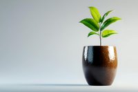 Young green plant growing in brown ceramic pot against light gray background, representing growth, new beginnings and sustainability concepts.