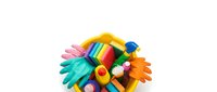 Colorful cleaning supplies and rubber gloves in yellow bucket isolated on white background for household chores and domestic maintenance tasks.