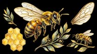 Honey bee illustration set with honeycomb, wings, and foliage isolated on transparent background. Ready for t-shirt design, clipart, stickers, sublimation, and print-on-demand products.