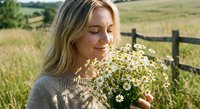Young blonde woman smelling white daisy flowers in rural countryside field with wooden fence, peaceful summer moment outdoors for wellness and nature content.