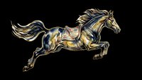 Galloping horse in dark blue and gold watercolor style with ornate saddle, isolated on transparent background, ready for t-shirt design, stickers, and print on demand.
