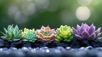 Colorful succulent plants in row on dark soil with bokeh background. Natural garden composition showing variety of echeveria species in pastel colors.