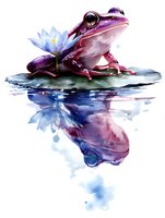 Purple frog sitting on lily pad with blue water lily flower, reflection in water shown in watercolor style artwork on white background, isolated for design use.
