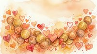 Watercolor pile of gold coins surrounded by red and pink hearts on a warm beige background, symbolizing love, wealth, and generosity.