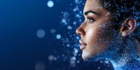 Profile view of young woman dissolving into glowing blue particles against dark background, representing artificial intelligence and digital transformation technology.