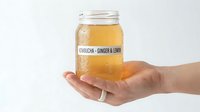 Kombucha ginger lemon fermented tea drink in glass jar held by hand on white background for healthy lifestyle and wellness concepts.