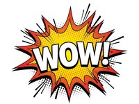 Comic book style WOW explosion burst with red and yellow colors on white background for pop art designs and retro advertising campaigns.