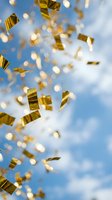 Golden confetti falling against bright blue sky with white clouds creating festive celebration atmosphere for party events and special occasions.