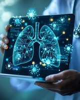 Digital visualization of human lungs with glowing virus particles and medical data on tablet screen held by healthcare professional in clinical setting.