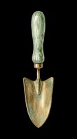 Watercolor garden trowel with floral green handle and aged brass blade, isolated on transparent background. For t-shirt design, stickers, clipart, print on demand, sublimation.
