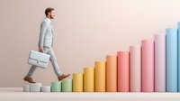 Caucasian businessman in light gray suit climbing colorful bar chart stairs carrying briefcase, representing career growth and success on pastel background.