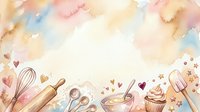 Watercolor baking background with whisk, rolling pin, spoon, cupcake, and scattered hearts and stars on cream backdrop for bakery design.