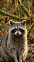 Adorable raccoon sitting in autumn forest with colorful fall foliage background, wildlife photography showcasing natural habitat and seasonal environment.