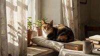 Tabby and white cat resting on windowsill near potted plant and books, sunlight streaming through lace curtains, cozy home interior setting.