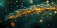 Abstract golden fiber optic cables with glowing particles and bokeh lights creating dynamic technology background for digital communication concepts.