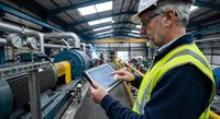 Senior industrial engineer in safety vest using digital tablet for equipment monitoring and maintenance in modern manufacturing facility.