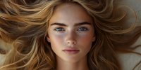 Young Caucasian woman with flowing blonde hair and natural makeup gazing directly at camera, showcasing freckled complexion and blue eyes against neutral background.
