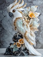White cockatoo sculpture adorned with gold accents, delicate floral elements and mint leaves, perched on dark marble base, featuring intricate decorative details.