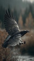 Majestic black raven with outstretched wings soaring over autumn landscape with blurred forest background, perfect for wildlife publications.