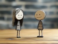 Two stick figures with smiling faces stand on wooden surface against blurred urban background. Female and male characters with simple drawn features represent friendship, happiness, and positive human connection for greeting cards and social concepts.