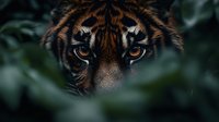 Tiger face peering through jungle foliage with intense orange eyes and distinctive black stripes in natural wildlife habitat for conservation awareness campaigns.
