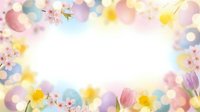 Spring floral frame with cherry blossoms, tulips and daffodils on soft pastel background with bokeh lights for greeting cards and seasonal designs.