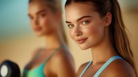 Young athletic woman with natural makeup smiling during workout at gym, wearing blue sports top, with blurred female training partner in background.
