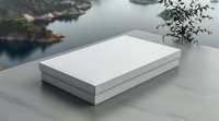 Elegant white blank box mockup on reflective surface with scenic lake view background, perfect for product packaging design presentation and branding projects.