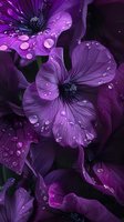 Vibrant purple petunias with morning dew drops creating a dramatic macro view. Dark moody floral composition highlights water droplets on delicate flower petals.