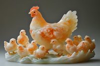 Delicate orange and white jade carving depicting mother hen with eight baby chicks, showcasing intricate feather detail and natural protective family dynamics.