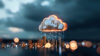 Cloud computing technology with digital data streams flowing into illuminated city skyline against dramatic stormy sky with glowing bokeh lights at dusk.