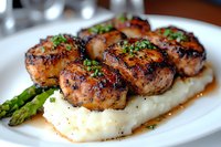 Grilled seasoned scallops with caramelized crust served on creamy mashed potatoes and fresh asparagus spears, garnished with herbs and sauce reduction.
